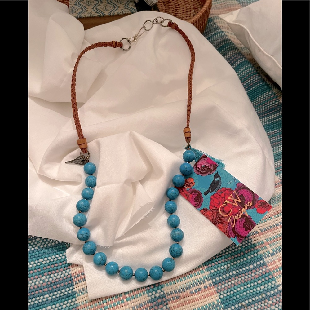 Turquoise bead and braided leather necklace